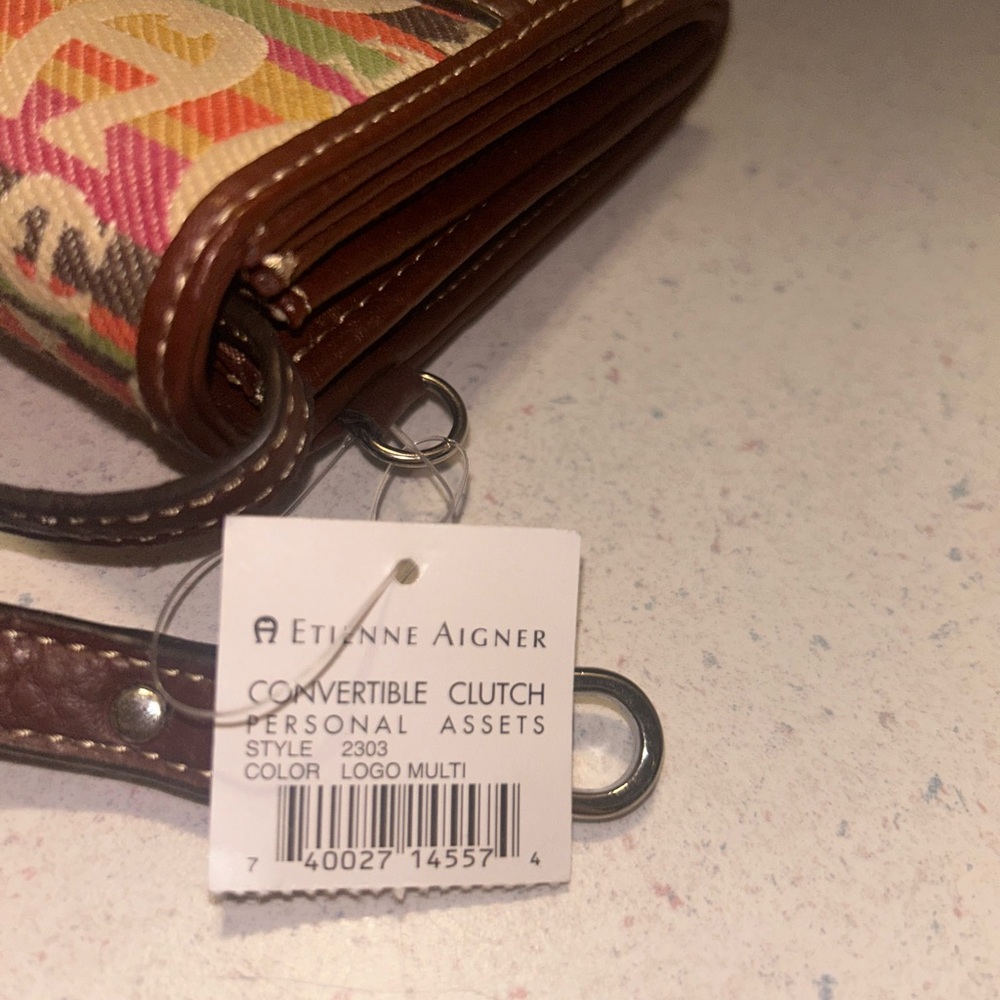 Etienne Aigner Multicolor Logo Canvas Wristlet with Brown Leather Trim - Picture 5 of 12